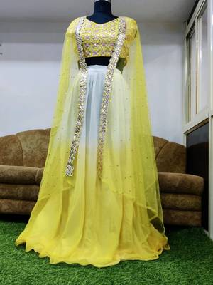 Bieth Gorgeous Yellow Georgette Semi Stitched Party Wear Lehenga Choli With Thread Embroidered Koti 2