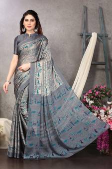 Beige Printed Chiffon Saree With Blouse
