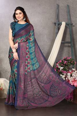 Blue printed chiffon saree with blouse 1