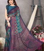 Blue printed chiffon saree with blouse