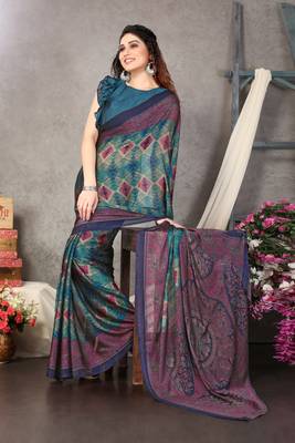 Blue printed chiffon saree with blouse 2