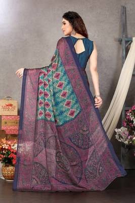 Blue printed chiffon saree with blouse 3