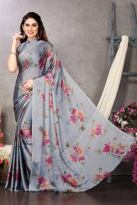 Grey Printed Chiffon Saree With Blouse 1