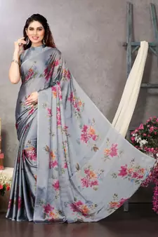 Grey Printed Chiffon Saree With Blouse