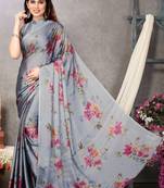 Grey Printed Chiffon Saree With Blouse