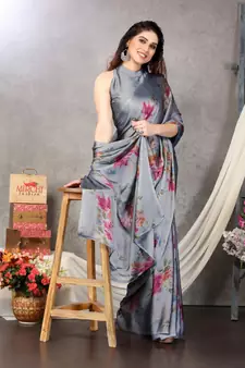 Grey Printed Chiffon Saree With Blouse