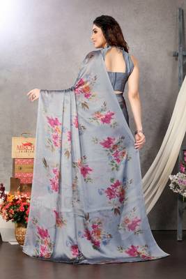 Grey Printed Chiffon Saree With Blouse 3