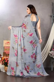 Grey Printed Chiffon Saree With Blouse