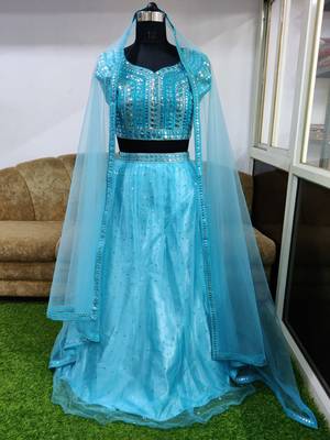 Bieth Alluring Light Blue Mirror Work Net Semi Stitched Lehenga 2