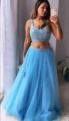 Bieth Alluring Light Blue Mirror Work Net Semi Stitched Lehenga 1