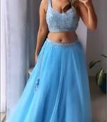 Bieth Alluring Light Blue Mirror Work Net Semi Stitched Lehenga