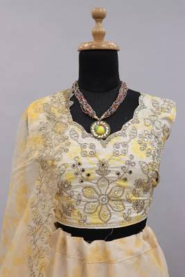 Bieth Yellow & White Shibori Printed Semi Stitched Lehenga & Unstitched Blouse With Dupatta  4