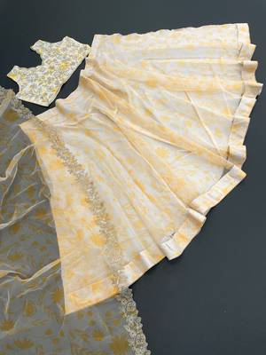 Bieth Yellow & White Shibori Printed Semi Stitched Lehenga & Unstitched Blouse With Dupatta  5