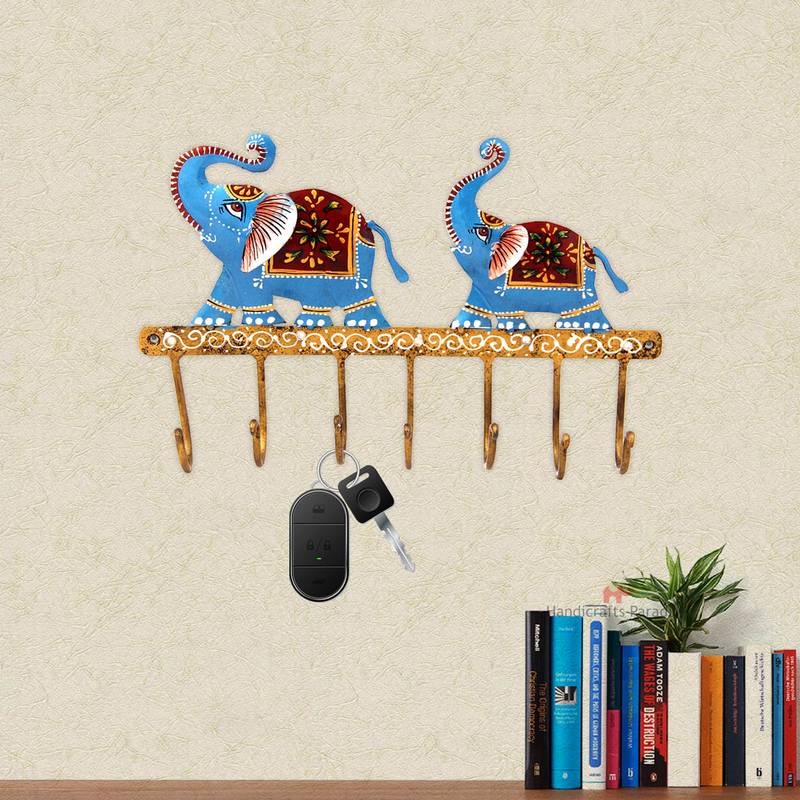 Handicrafts Paradise Wrought Iron Double Elephant Keyholder Showpiece