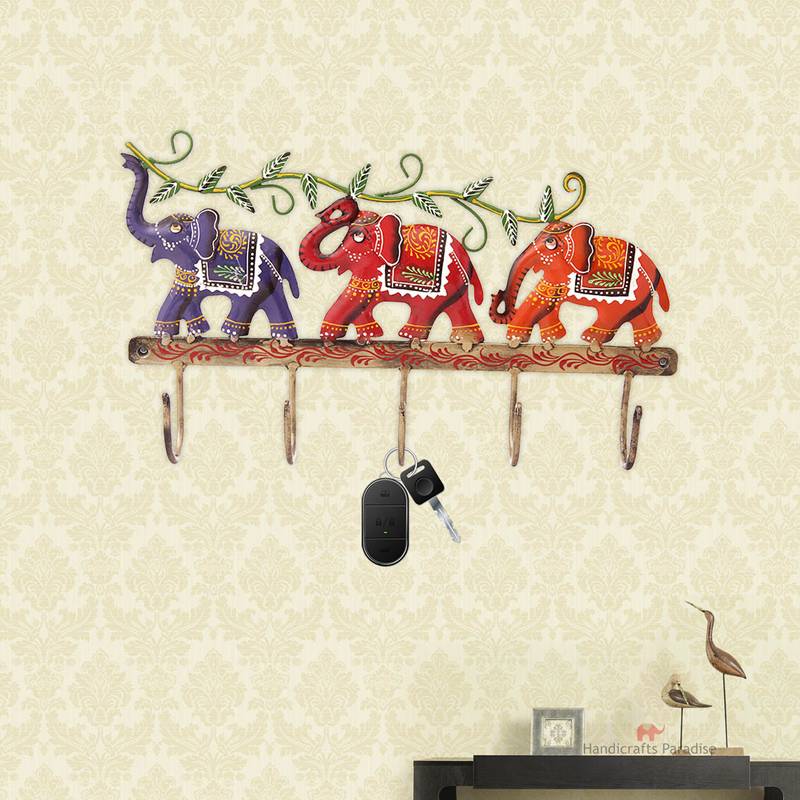 Handicrafts Paradise Wrought Iron Tripple Elephant Keyholder Showpiece