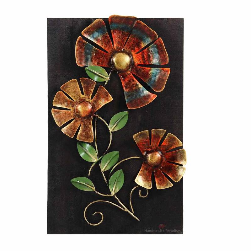 Decorative Flower Wall Decor Showpiece for Home Decor in Wrought Iron and Wooden Base - 14 x 21 inch