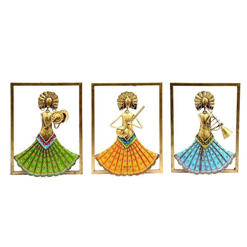 Handicrafts Paradise Iron Musical Ladies Wall Art, Green, Orange & Blue, Musicians Framed, Set of 3pcs, 9.25 X 11 inches