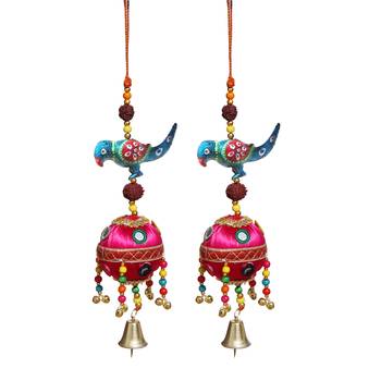 Parrot with Rudraksha Beads and Metal Bells Paper Mache Door Hanging (7.65 cm x 6.3 cm x 24.2 cm  Set of 2) 1
