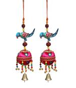 Parrot with Rudraksha Beads and Metal Bells Paper Mache Door Hanging (7.65 cm x 6.3 cm x 24.2 cm  Set of 2)