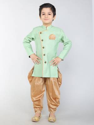 ANAN Green Plain Blended Cotton Kids Sherwani & Dhoti 1