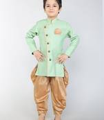ANAN Green Plain Blended Cotton Kids Sherwani & Dhoti
