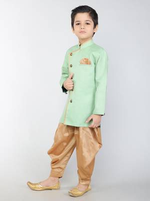 ANAN Green Plain Blended Cotton Kids Sherwani & Dhoti 2