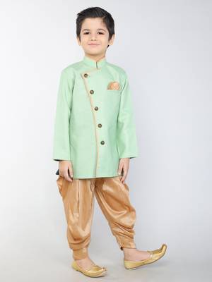ANAN Green Plain Blended Cotton Kids Sherwani & Dhoti 3