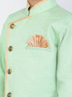 ANAN Green Plain Blended Cotton Kids Sherwani & Dhoti 4