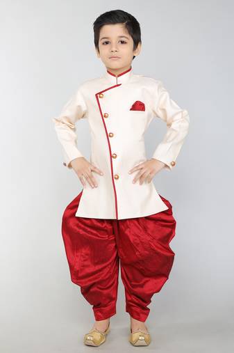 ANAN Beige Plain Blended Cotton Kids Sherwani & Dhoti