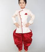 ANAN Beige Plain Blended Cotton Kids Sherwani & Dhoti