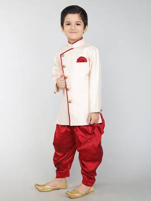 ANAN Beige Plain Blended Cotton Kids Sherwani & Dhoti 2