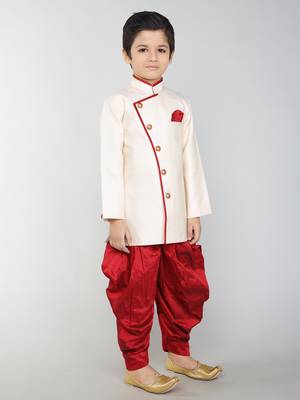 ANAN Beige Plain Blended Cotton Kids Sherwani & Dhoti 3