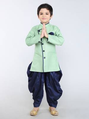 ANAN Green Plain Blended Cotton Kids Sherwani & Dhoti 1