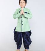 ANAN Green Plain Blended Cotton Kids Sherwani & Dhoti