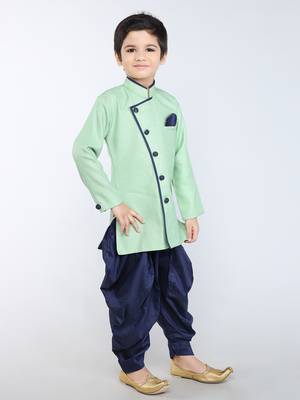 ANAN Green Plain Blended Cotton Kids Sherwani & Dhoti 2