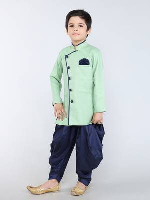 ANAN Green Plain Blended Cotton Kids Sherwani & Dhoti 3