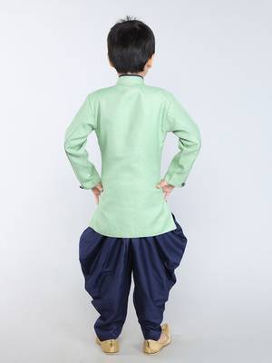 ANAN Green Plain Blended Cotton Kids Sherwani & Dhoti 4