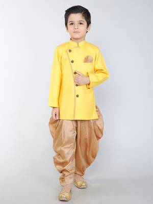 ANAN Yellow Plain Blended Cotton Kids Sherwani & Dhoti 1