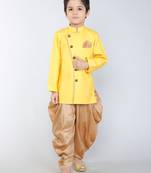 ANAN Yellow Plain Blended Cotton Kids Sherwani & Dhoti
