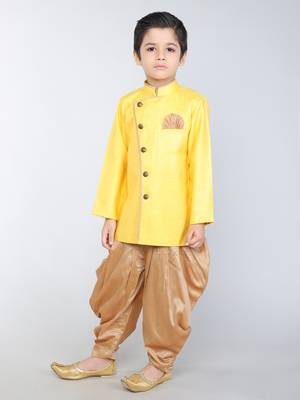 ANAN Yellow Plain Blended Cotton Kids Sherwani & Dhoti 2