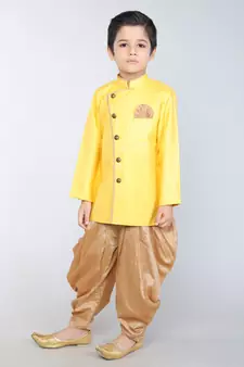 ANAN Yellow Plain Blended Cotton Kids Sherwani & Dhoti