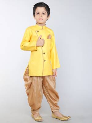 ANAN Yellow Plain Blended Cotton Kids Sherwani & Dhoti 3