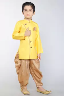 ANAN Yellow Plain Blended Cotton Kids Sherwani & Dhoti