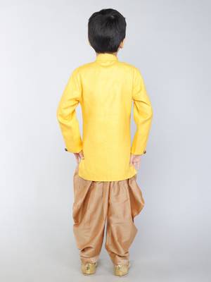 ANAN Yellow Plain Blended Cotton Kids Sherwani & Dhoti 4