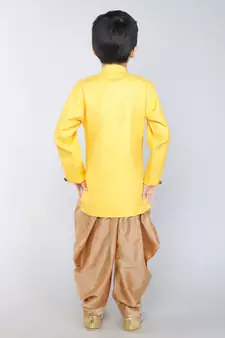 ANAN Yellow Plain Blended Cotton Kids Sherwani & Dhoti