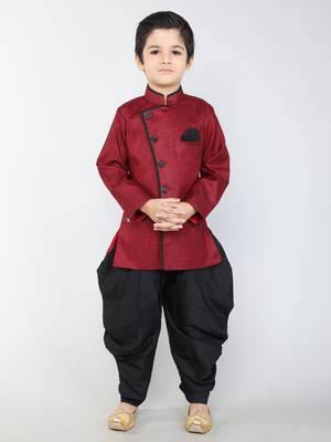 ANAN Maroon Plain Blended Cotton Kids Sherwani & Dhoti 1