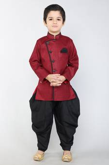 ANAN Maroon Plain Blended Cotton Kids Sherwani & Dhoti