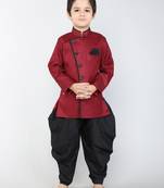 ANAN Maroon Plain Blended Cotton Kids Sherwani & Dhoti