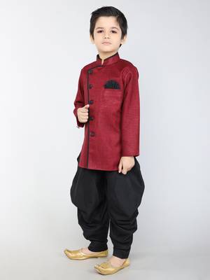 ANAN Maroon Plain Blended Cotton Kids Sherwani & Dhoti 2