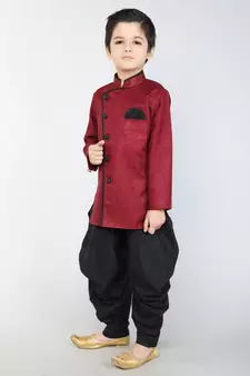 ANAN Maroon Plain Blended Cotton Kids Sherwani & Dhoti